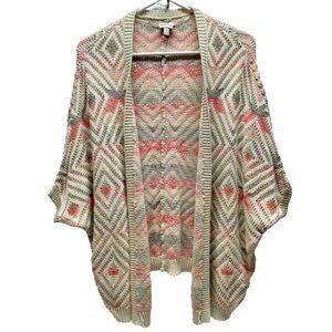 Mudd Open Cardigan Sweater Women's Small Beige Pink Geo Short Sleeve Top EUC